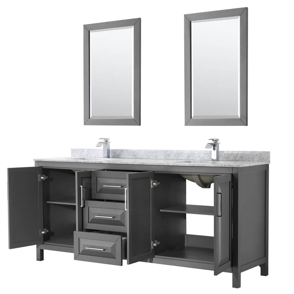 Daria 80 Inch Double Bathroom Vanity in Dark Blue, White Carrara Marble Countertop, Undermount Square Sinks, 24 Inch Mirrors
