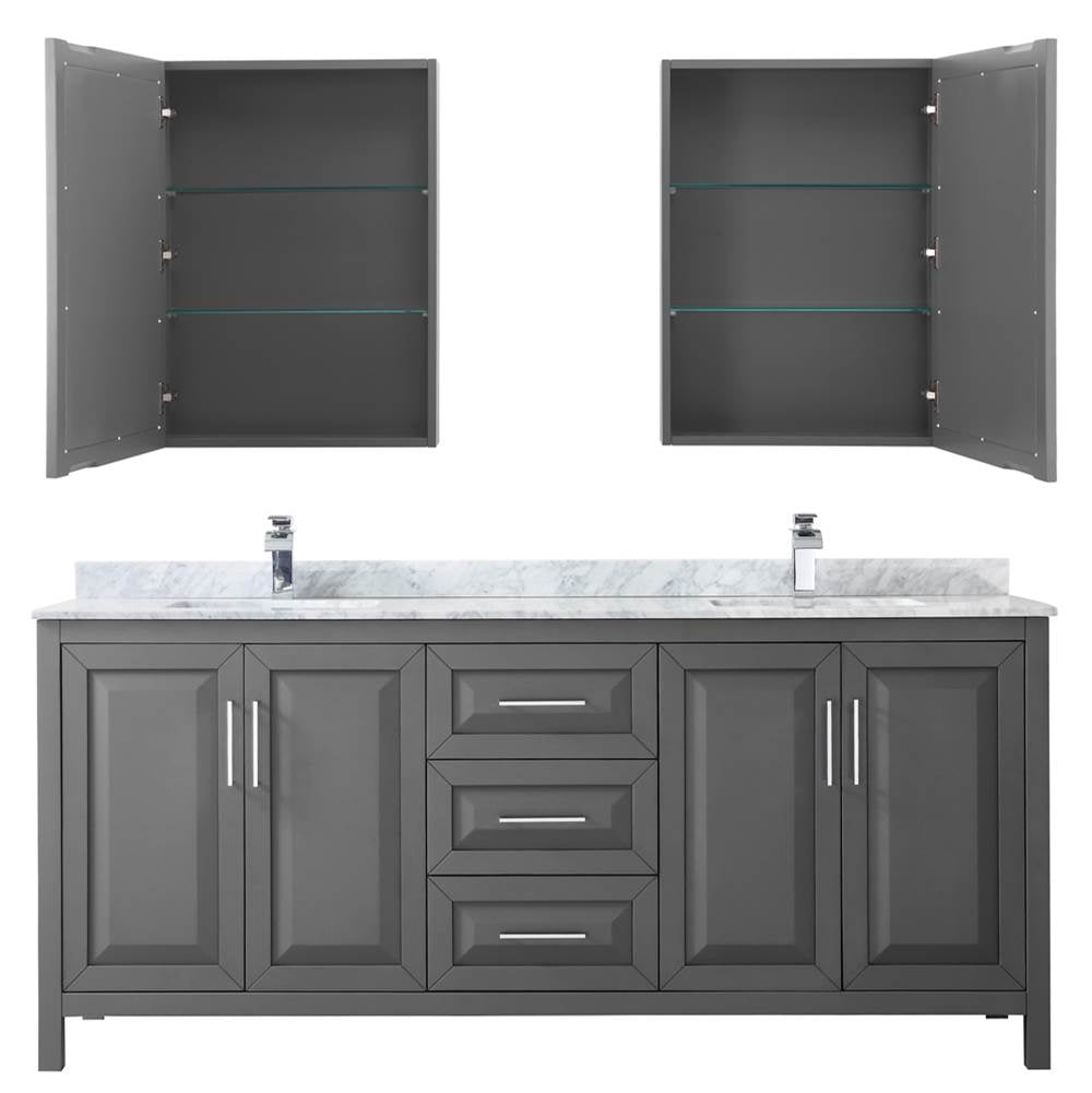Daria 80 Inch Double Bathroom Vanity in Dark Blue, White Carrara Marble Countertop, Undermount Square Sinks, Medicine Cabinets