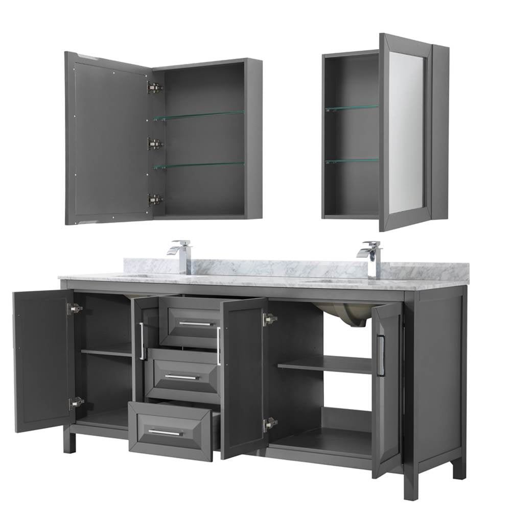 Daria 80 Inch Double Bathroom Vanity in Dark Blue, White Carrara Marble Countertop, Undermount Square Sinks, Medicine Cabinets