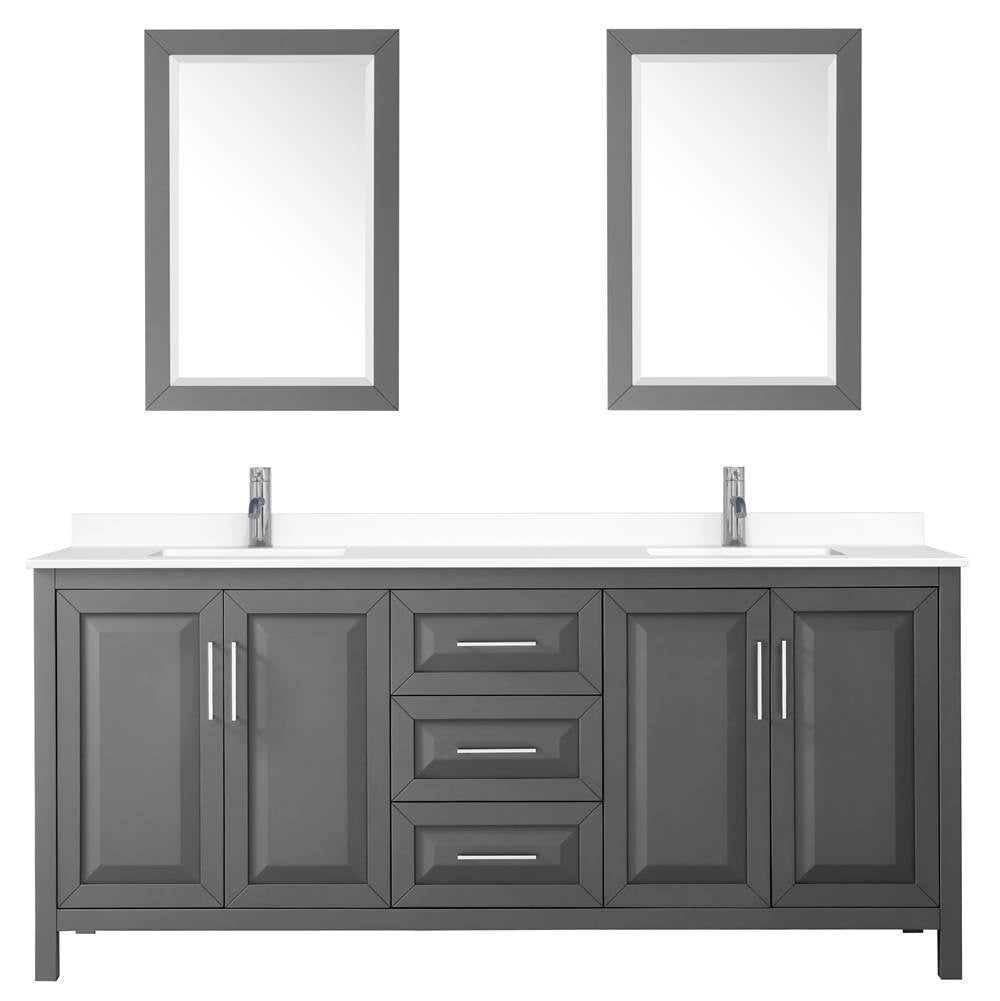 Daria 80 Inch Double Bathroom Vanity in Dark Gray, White Cultured Marble Countertop, Undermount Square Sinks, 24 Inch Mirrors