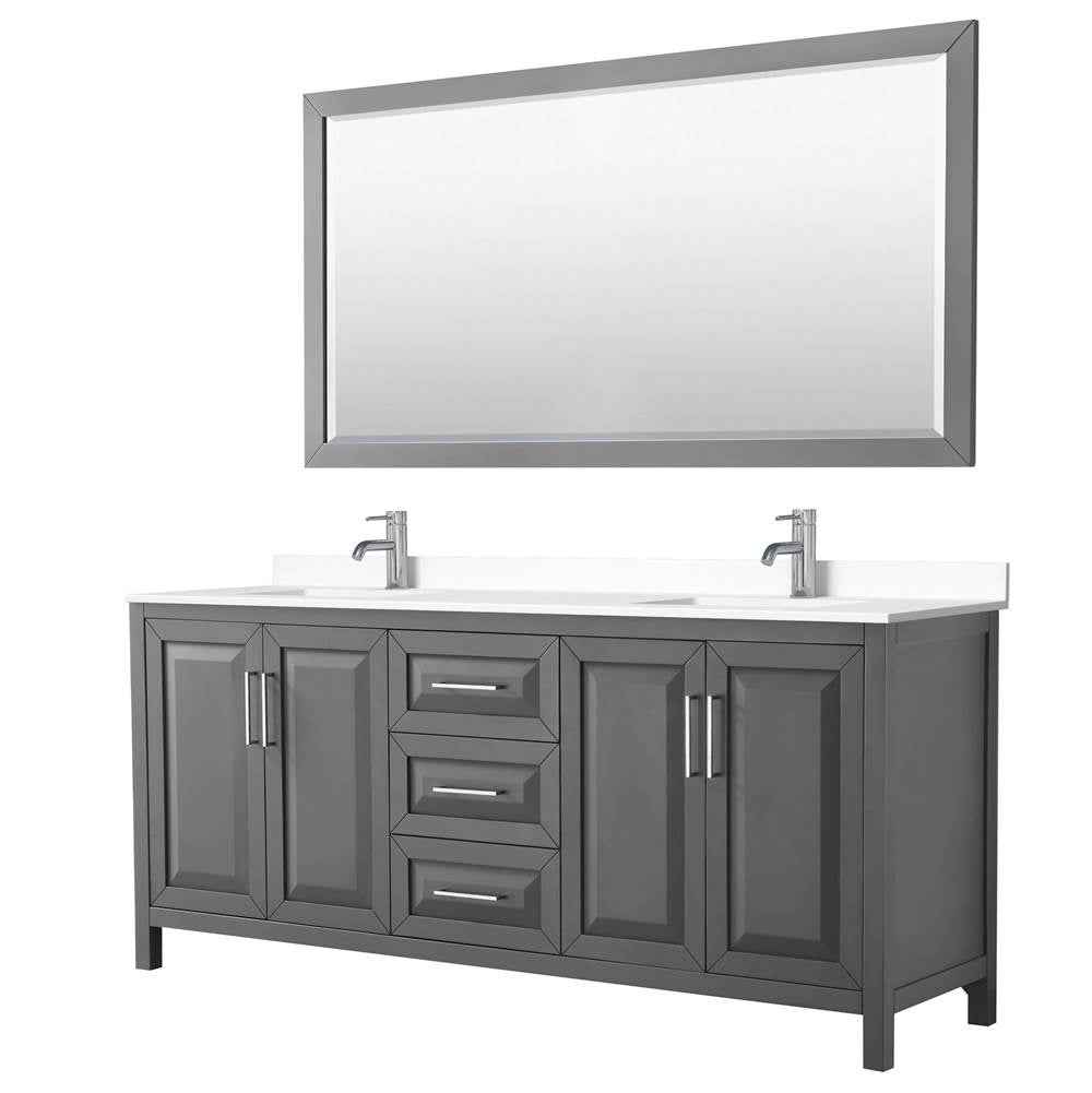 Wyndham Collection - Daria 80 Inch Double Bathroom Vanity in Dark Gray, White Cultured Marble Countertop, Undermount Square Sinks, 70 Inch Mirror