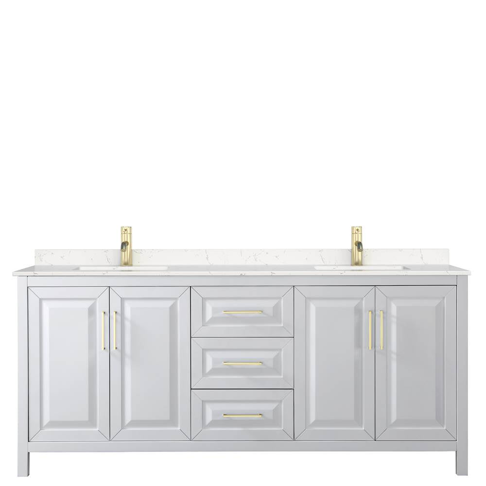Daria 80 Inch Double Bathroom Vanity in White, Carrara Cultured Marble Countertop, Undermount Square Sinks, Brushed Gold Trim
