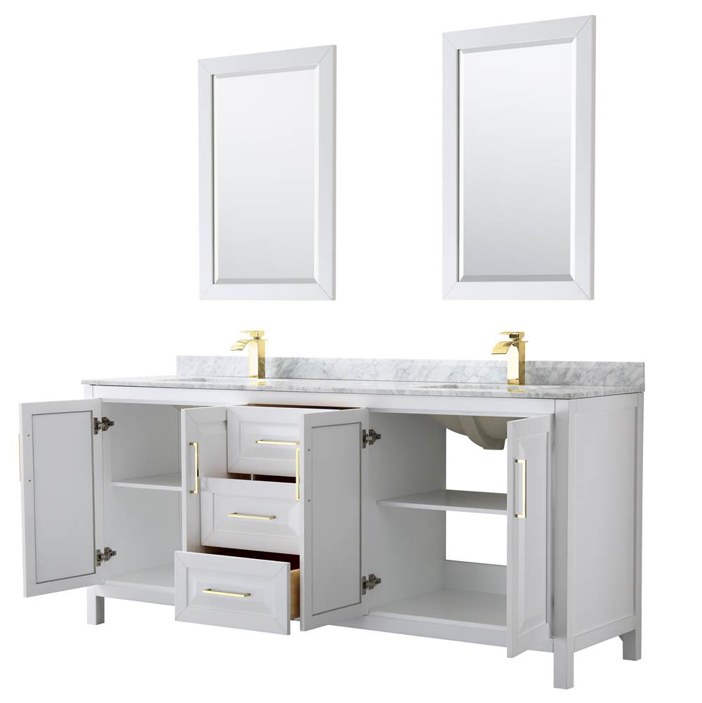 Daria 80 Inch Double Bathroom Vanity in White, White Carrara Marble Countertop, Undermount Square Sinks, 24 Inch Mirrors, Brushed Gold Trim