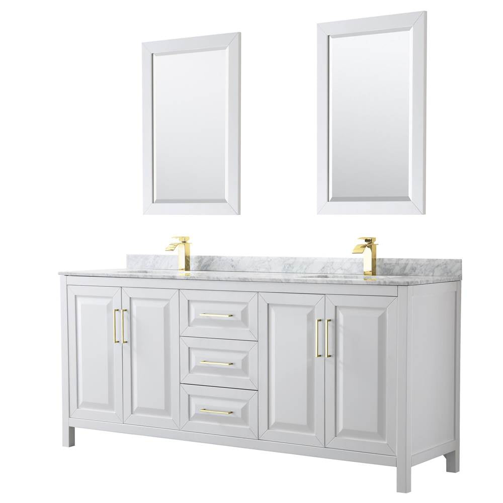 Wyndham Collection - Daria 80 Inch Double Bathroom Vanity in White, White Carrara Marble Countertop, Undermount Square Sinks, 24 Inch Mirrors, Brushed Gold Trim