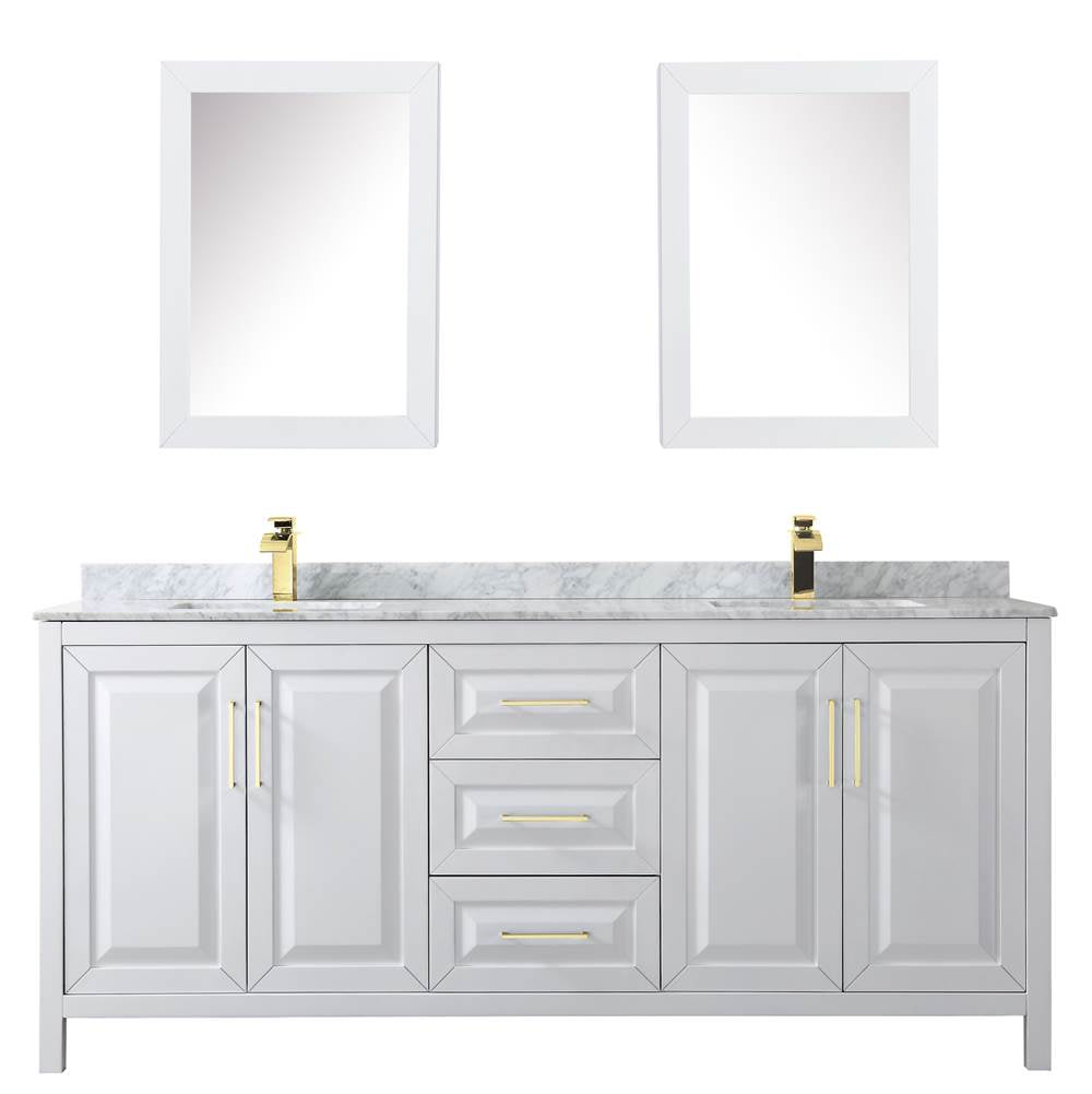 Daria 80 Inch Double Bathroom Vanity in White, White Carrara Marble Countertop, Undermount Square Sinks, Medicine Cabinets, Brushed Gold Trim