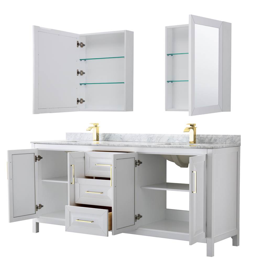 Daria 80 Inch Double Bathroom Vanity in White, White Carrara Marble Countertop, Undermount Square Sinks, Medicine Cabinets, Brushed Gold Trim