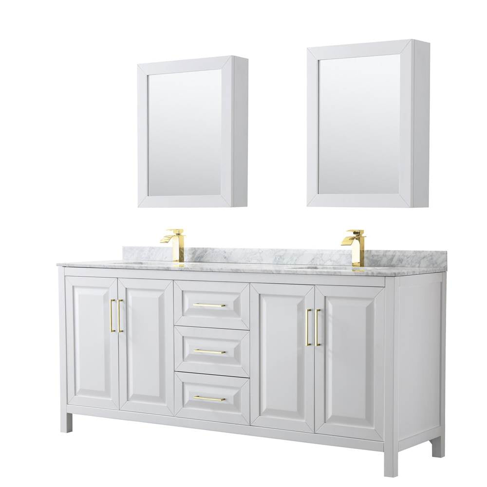 Wyndham Collection - Daria 80 Inch Double Bathroom Vanity in White, White Carrara Marble Countertop, Undermount Square Sinks, Medicine Cabinets, Brushed Gold Trim