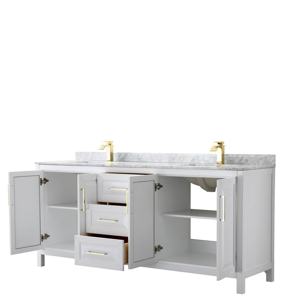 Daria 80 Inch Double Bathroom Vanity in White, White Carrara Marble Countertop, Undermount Square Sinks, Brushed Gold Trim