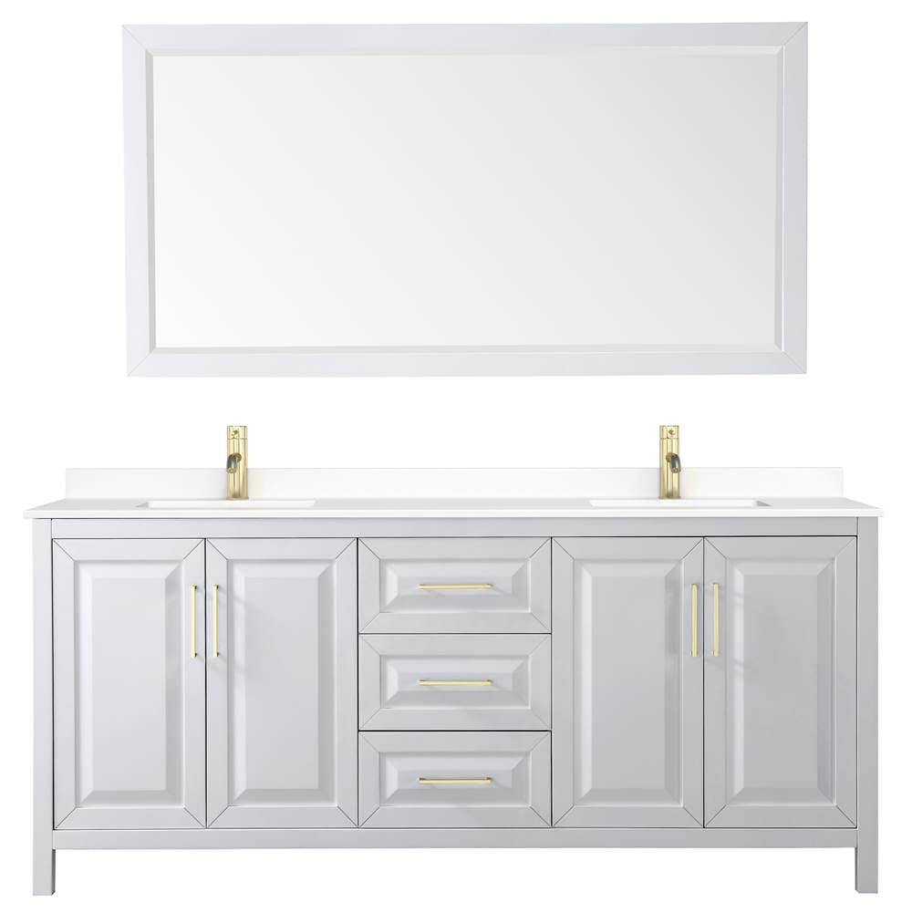 Daria 80 Inch Double Bathroom Vanity in White, White Cultured Marble Countertop, Undermount Square Sinks, 70 Inch Mirror, Brushed Gold Trim