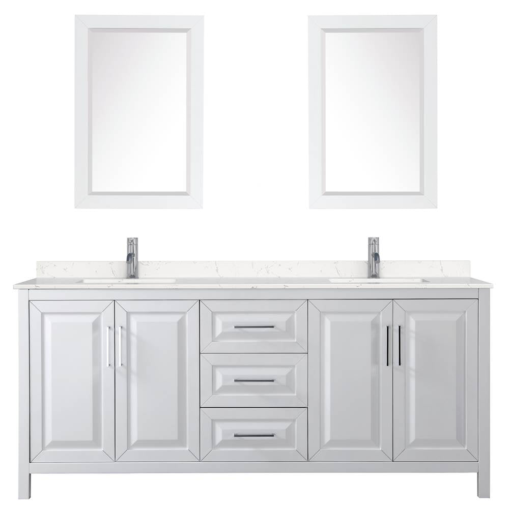 Daria 80 Inch Double Bathroom Vanity in White, Carrara Cultured Marble Countertop, Undermount Square Sinks, 24 Inch Mirrors