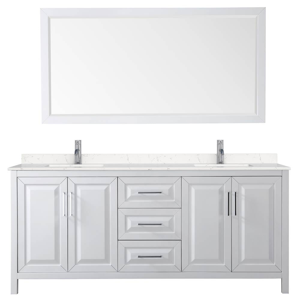 Daria 80 Inch Double Bathroom Vanity in White, Carrara Cultured Marble Countertop, Undermount Square Sinks, 70 Inch Mirror