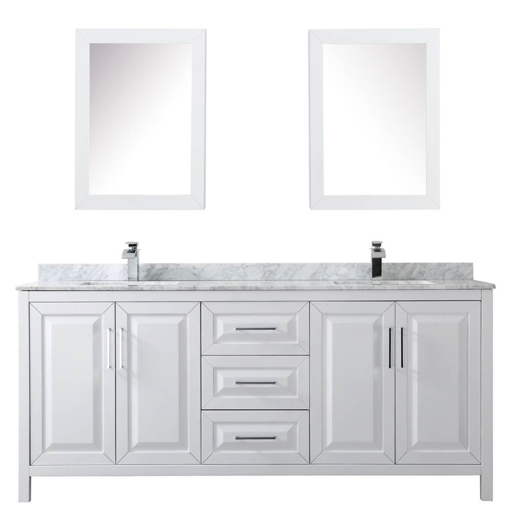 Daria 80 Inch Double Bathroom Vanity in Dark Blue, White Carrara Marble Countertop, Undermount Square Sinks, Medicine Cabinets