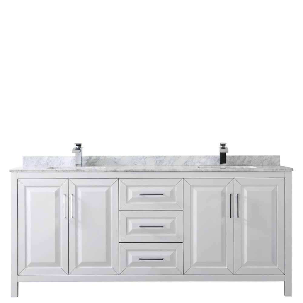 Daria 80 Inch Double Bathroom Vanity in Dark Blue, White Carrara Marble Countertop, Undermount Square Sinks, No Mirror