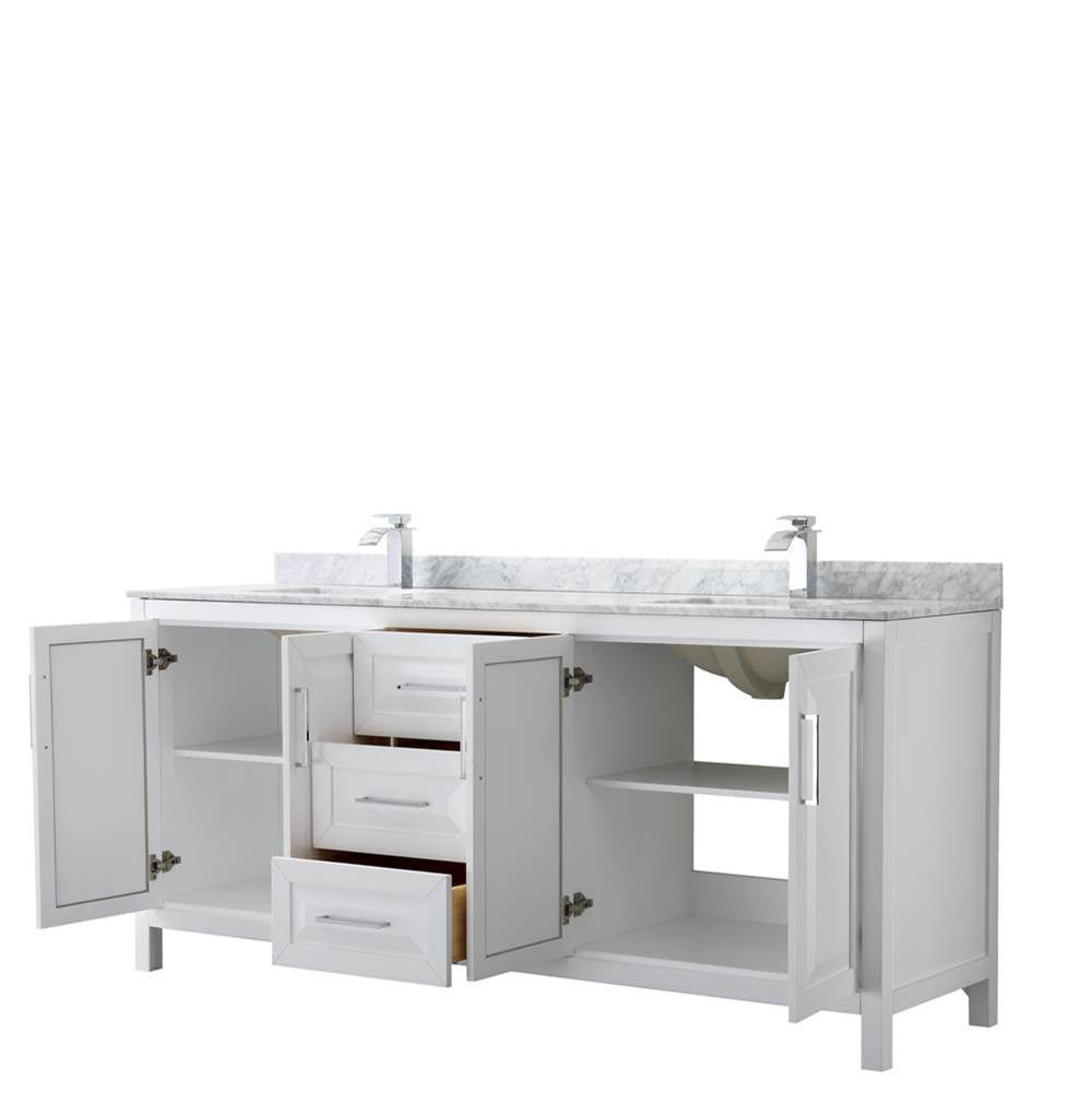 Daria 80 Inch Double Bathroom Vanity in Dark Blue, White Carrara Marble Countertop, Undermount Square Sinks, No Mirror