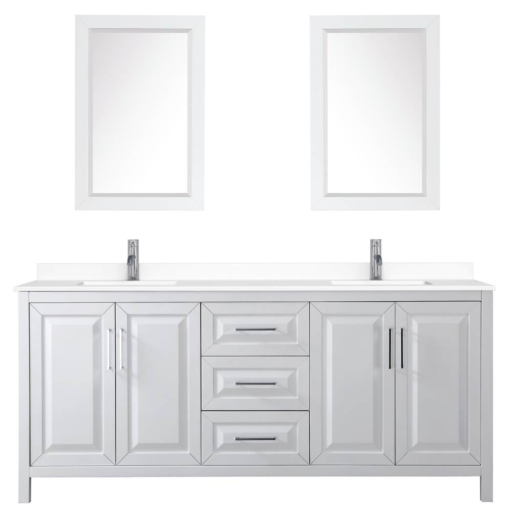 Daria 80 Inch Double Bathroom Vanity in White, White Cultured Marble Countertop, Undermount Square Sinks, 24 Inch Mirrors