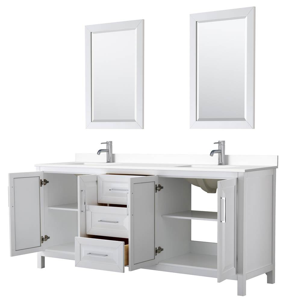 Daria 80 Inch Double Bathroom Vanity in White, White Cultured Marble Countertop, Undermount Square Sinks, 24 Inch Mirrors