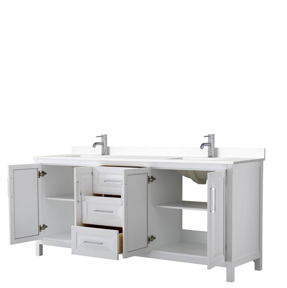 Daria 80 Inch Double Bathroom Vanity in White, White Cultured Marble Countertop, Undermount Square Sinks, No Mirror