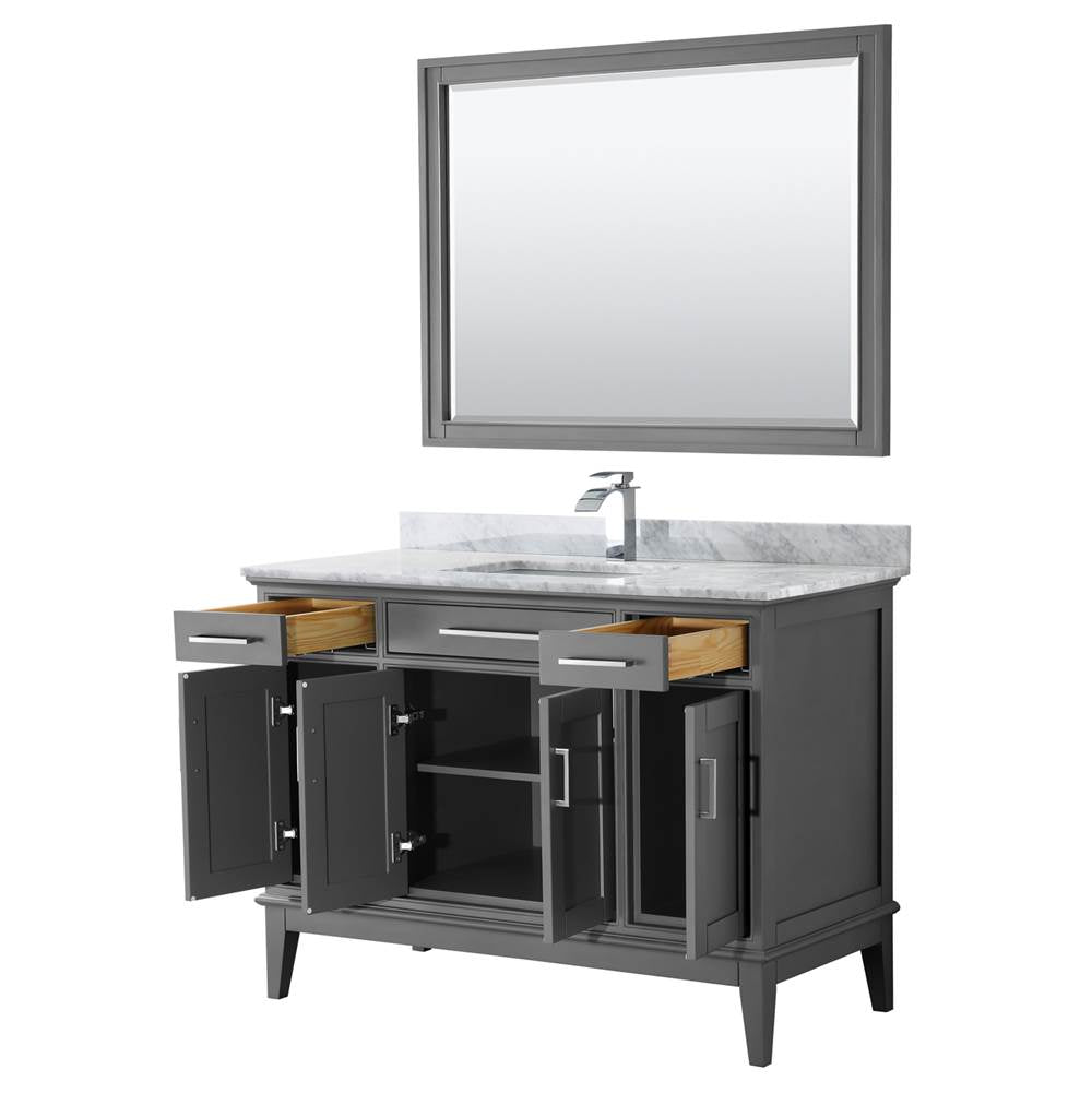 Margate 48 Inch Single Bathroom Vanity in Dark Gray, White Carrara Marble Countertop, Undermount Square Sink, and 44 Inch Mirror