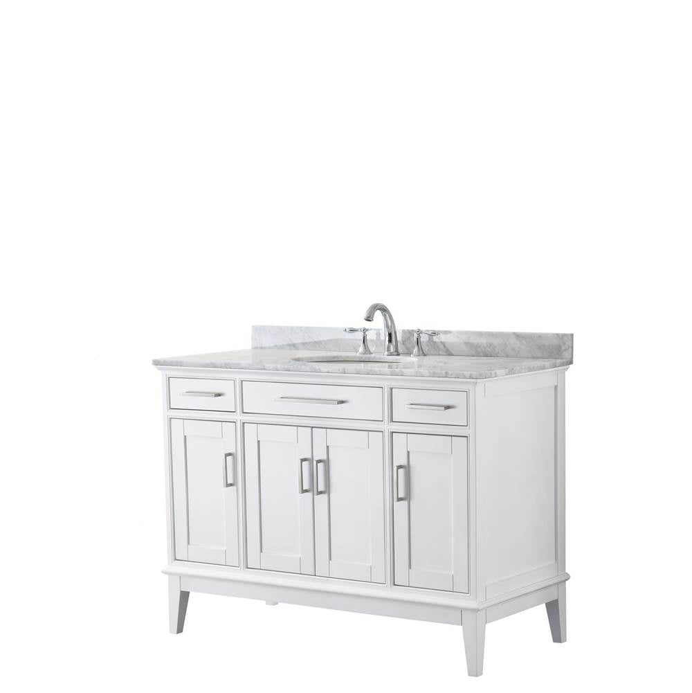 Wyndham Collection - Margate 48 Inch Single Bathroom Vanity in White, White Carrara Marble Countertop, Undermount Oval Sink, and No Mirror - White