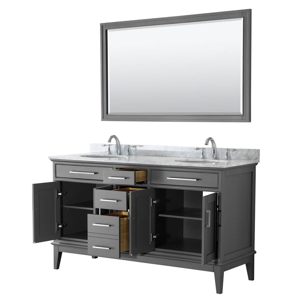 Margate 60 Inch Double Bathroom Vanity in Dark Gray, White Carrara Marble Countertop, Undermount Oval Sinks, and 56 Inch Mirror