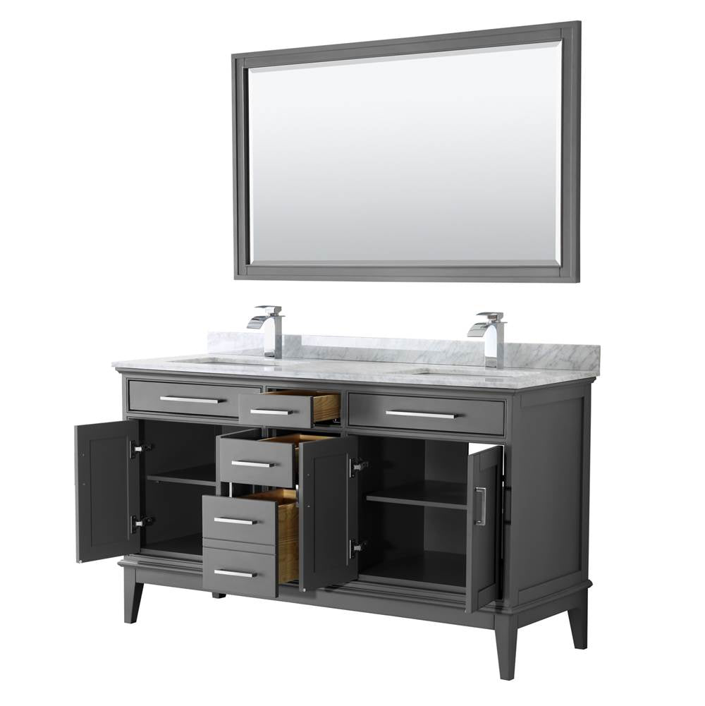 Margate 60 Inch Double Bathroom Vanity in Dark Gray, White Carrara Marble Countertop, Undermount Square Sinks, and 56 Inch Mirror