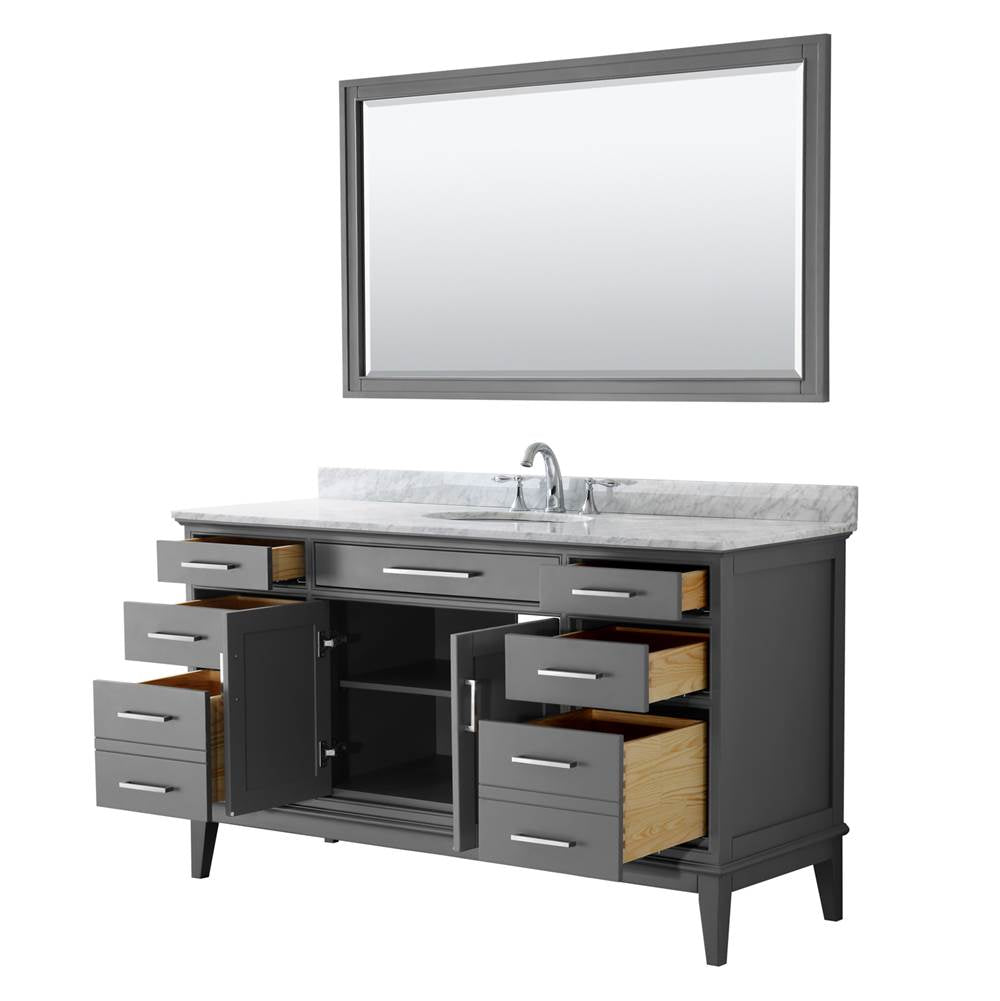 Margate 60 Inch Single Bathroom Vanity in Dark Gray, White Carrara Marble Countertop, Undermount Oval Sink, and 56 Inch Mirror