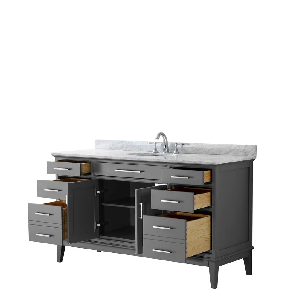 Margate 60 Inch Single Bathroom Vanity in Dark Gray, White Carrara Marble Countertop, Undermount Oval Sink, and No Mirror