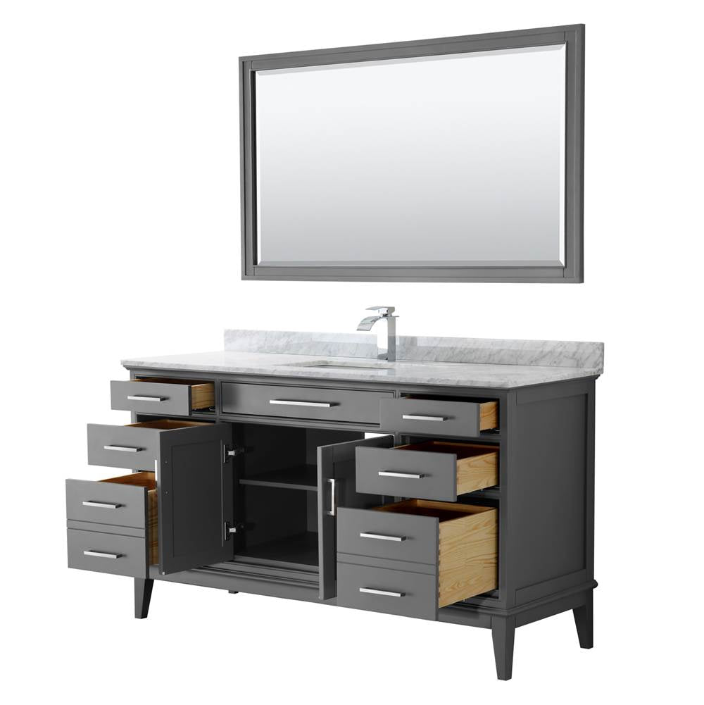 Margate 60 Inch Single Bathroom Vanity in Dark Gray, White Carrara Marble Countertop, Undermount Square Sink, and 56 Inch Mirror