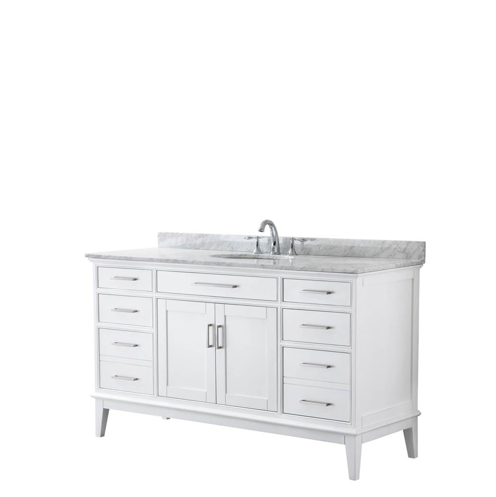 Wyndham Collection - Margate 60 Inch Single Bathroom Vanity in White, White Carrara Marble Countertop, Undermount Oval Sink, and No Mirror - White