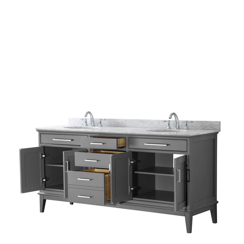 Margate 72 Inch Double Bathroom Vanity in Dark Gray, White Carrara Marble Countertop, Undermount Oval Sinks, and No Mirror