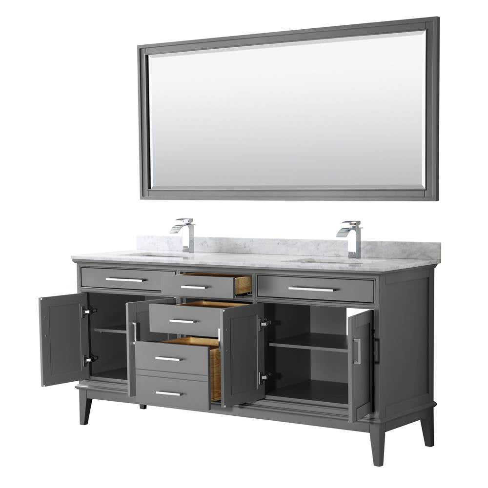 Margate 72 Inch Double Bathroom Vanity in Dark Gray, White Carrara Marble Countertop, Undermount Square Sinks, and 70 Inch Mirror