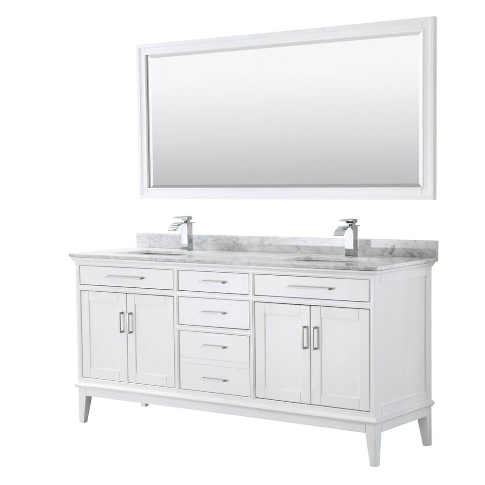 Wyndham Collection - Margate 72 Inch Double Bathroom Vanity in White, White Carrara Marble Countertop, Undermount Square Sinks, and 70 Inch Mirror - White