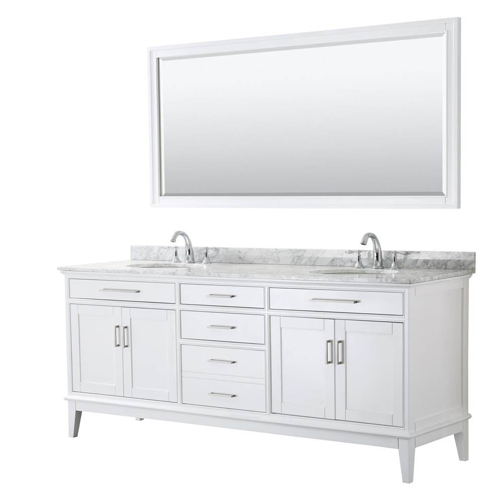 Wyndham Collection - Margate 80 Inch Double Bathroom Vanity in White, White Carrara Marble Countertop, Undermount Oval Sinks, and 70 Inch Mirror - White