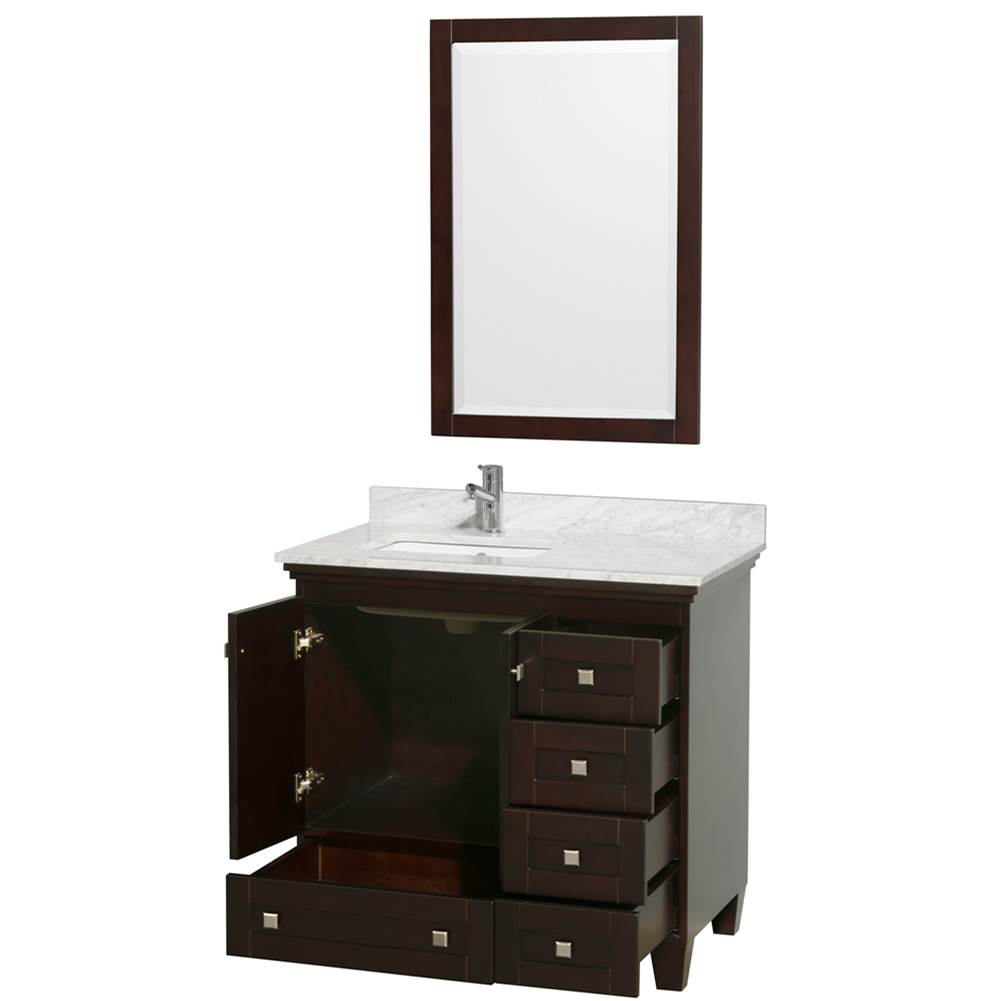 Acclaim 36 Inch Single Bathroom Vanity in Espresso, White Carrara Marble Countertop, Undermount Square Sink, and 24 Inch Mirror