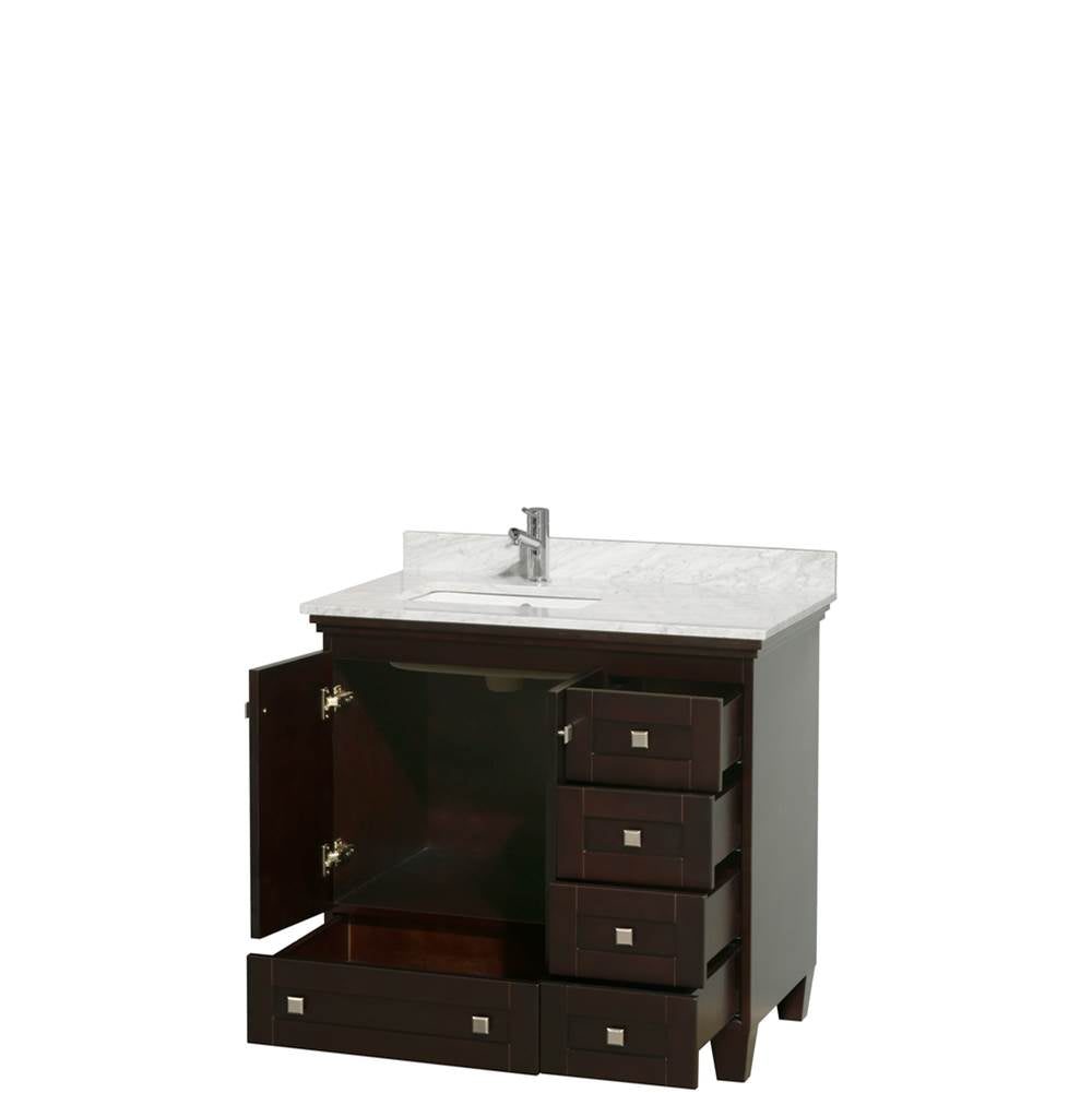 Acclaim 36 Inch Single Bathroom Vanity in Espresso, White Carrara Marble Countertop, Undermount Square Sink, and No Mirror