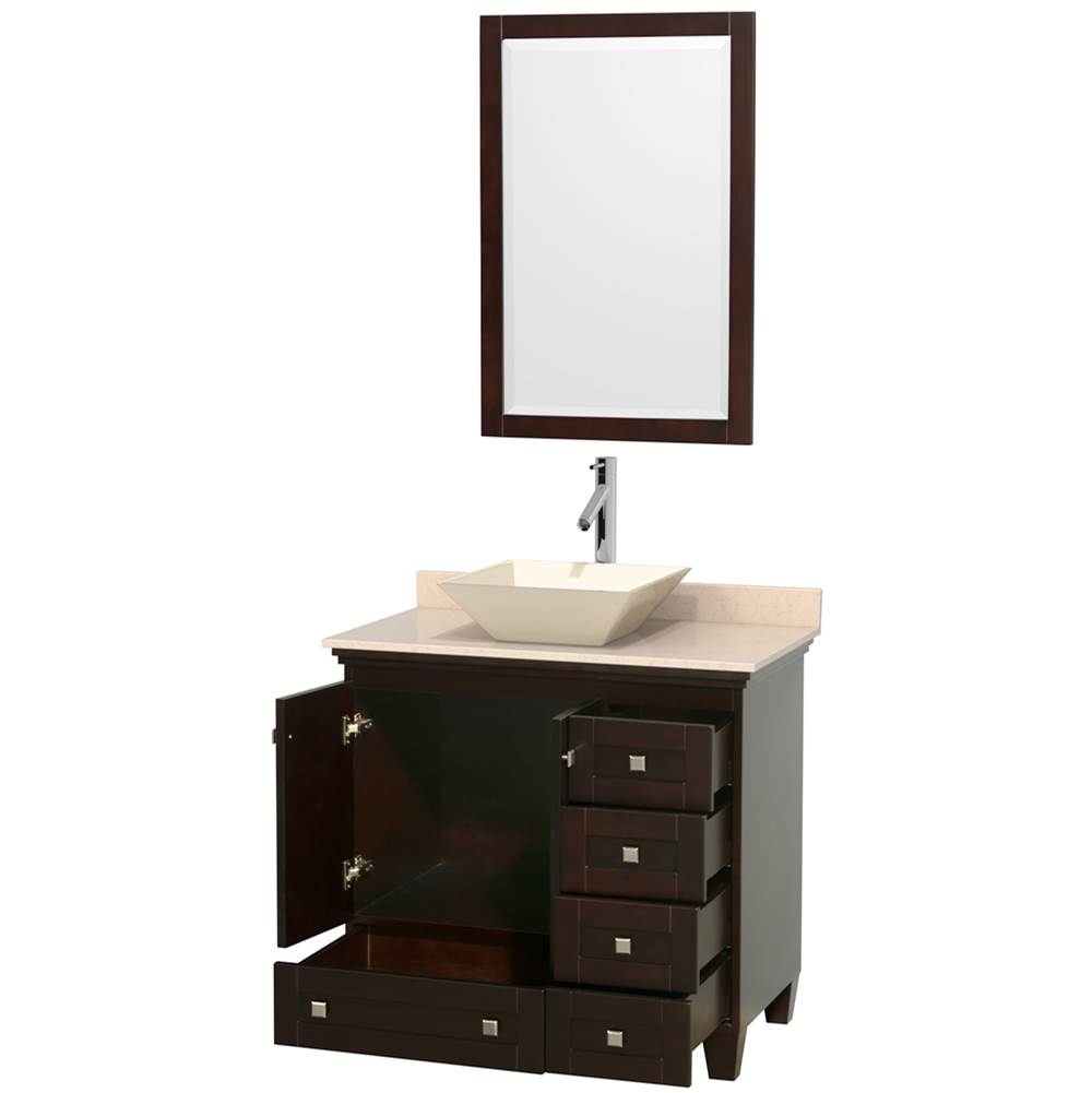 Acclaim 36 Inch Single Bathroom Vanity in Espresso, Ivory Marble Countertop, Pyra Bone Porcelain Sink, and 24 Inch Mirror