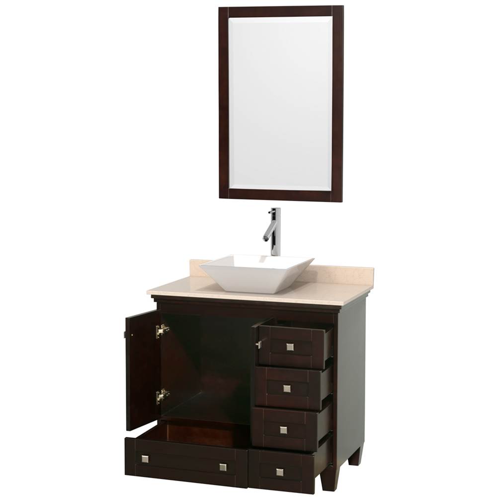 Acclaim 36 Inch Single Bathroom Vanity in Espresso, Ivory Marble Countertop, Pyra White Porcelain Sink, and 24 Inch Mirror