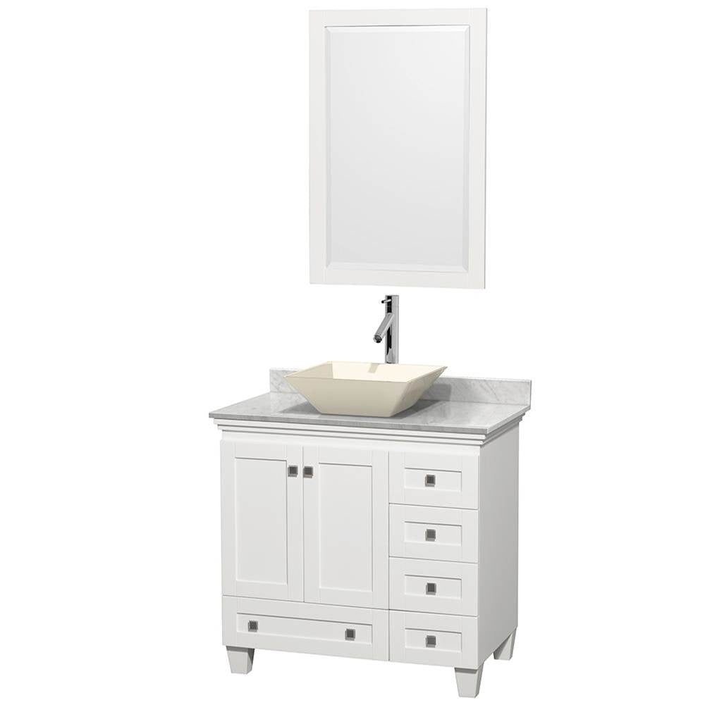 Wyndham Collection - Acclaim 36 Inch Single Bathroom Vanity in White, White Carrara Marble Countertop, Pyra Bone Porcelain Sink, and 24 Inch Mirror - White