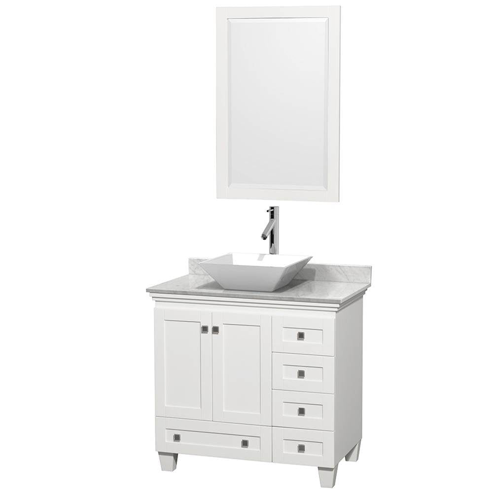 Wyndham Collection - Acclaim 36 Inch Single Bathroom Vanity in White, White Carrara Marble Countertop, Pyra White Porcelain Sink, and 24 Inch Mirror - White