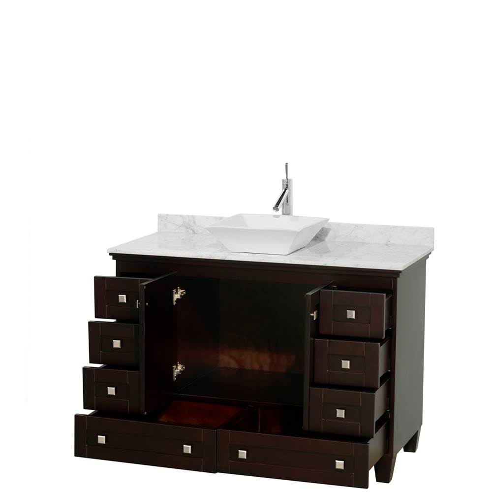 Acclaim 48 Inch Single Bathroom Vanity in Espresso, White Carrara Marble Countertop, Pyra White Sink, and No Mirror