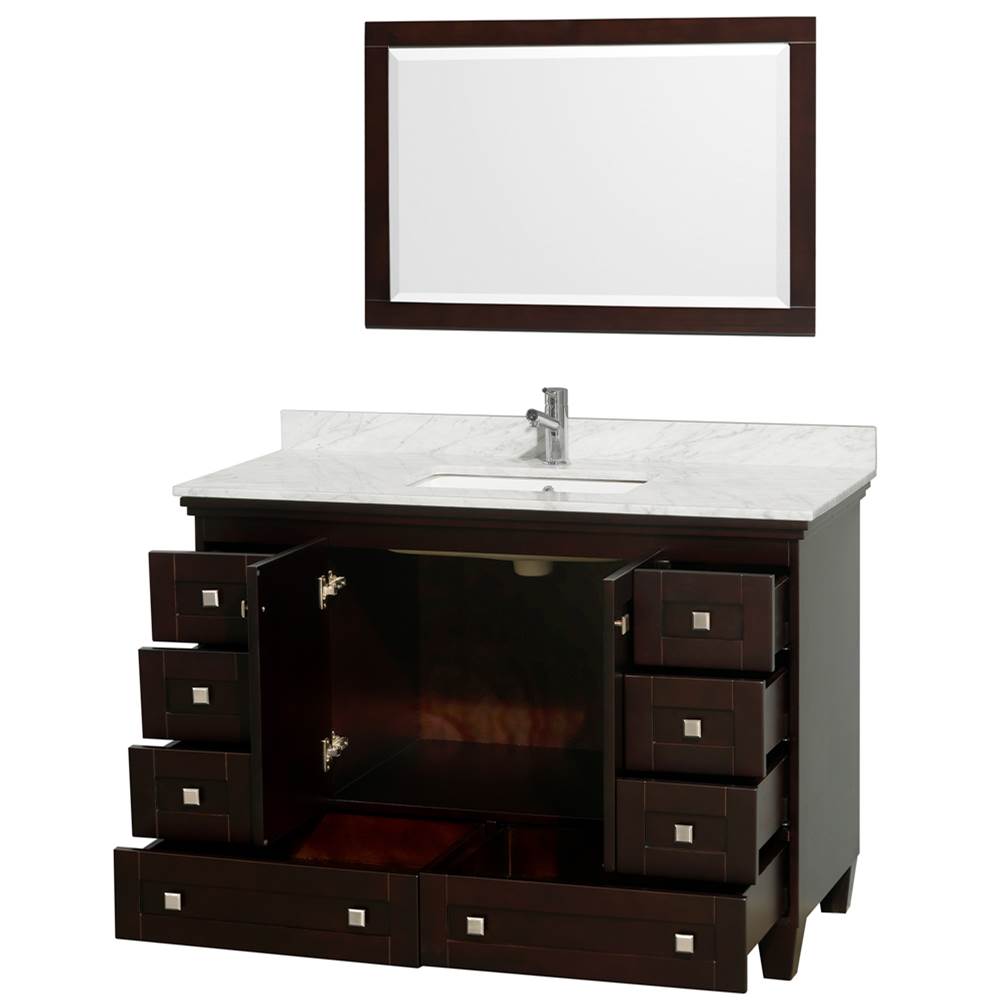 Acclaim 48 Inch Single Bathroom Vanity in Espresso, White Carrara Marble Countertop, Undermount Square Sink, and 24 Inch Mirror