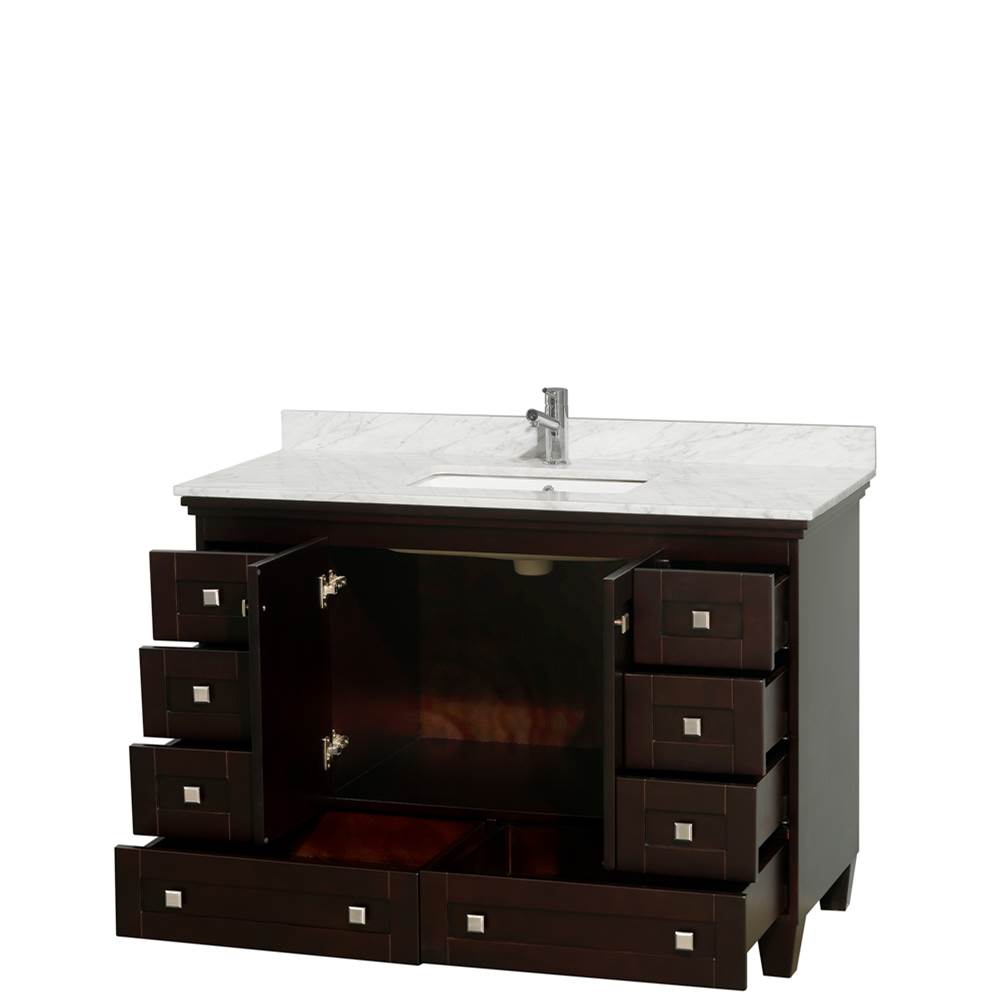 Acclaim 48 Inch Single Bathroom Vanity in Espresso, White Carrara Marble Countertop, Undermount Square Sink, and No Mirror