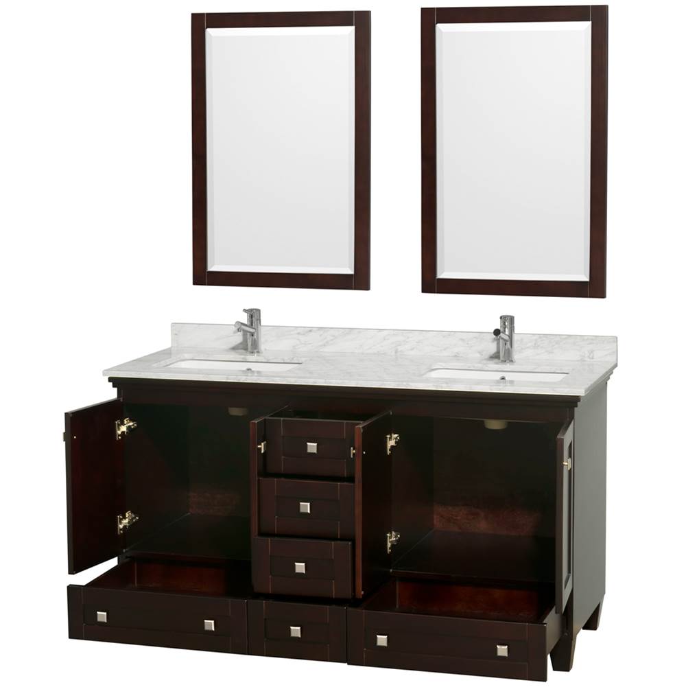 Acclaim 60 Inch Double Bathroom Vanity in Espresso, White Carrara Marble Countertop, Undermount Square Sinks, and 24 Inch Mirrors