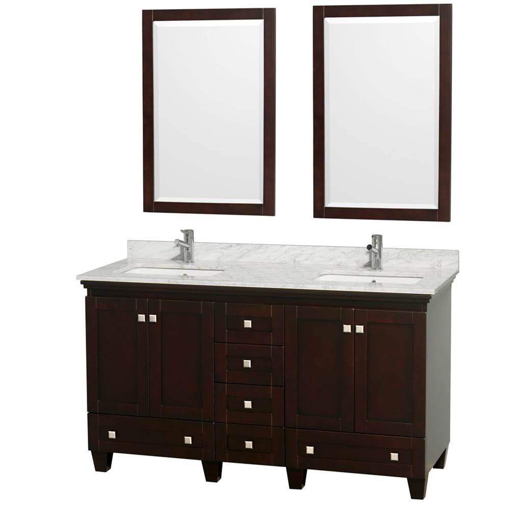 Wyndham Collection - Acclaim 60 Inch Double Bathroom Vanity in Espresso, White Carrara Marble Countertop, Undermount Square Sinks, and 24 Inch Mirrors - Espresso