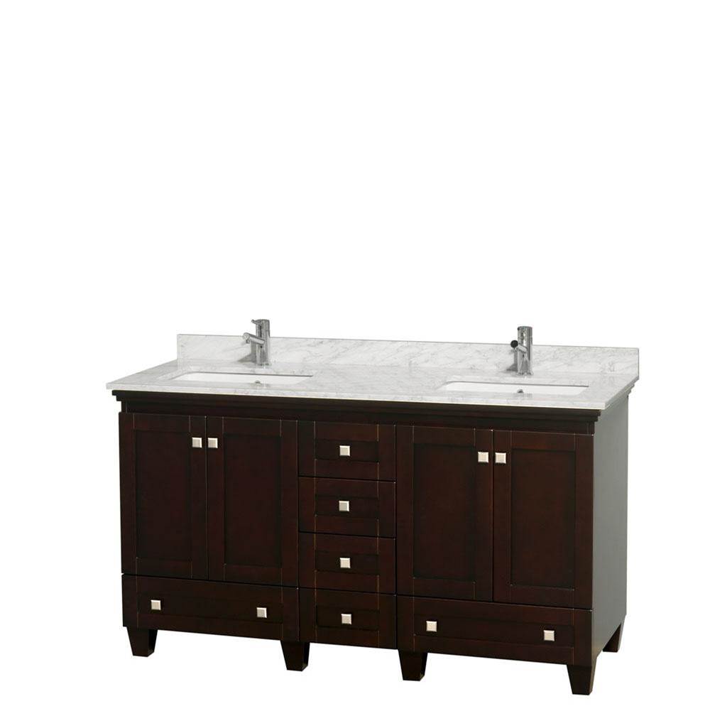 Wyndham Collection - Acclaim 60 Inch Double Bathroom Vanity in Espresso, White Carrara Marble Countertop, Undermount Square Sinks, and No Mirrors - Espresso