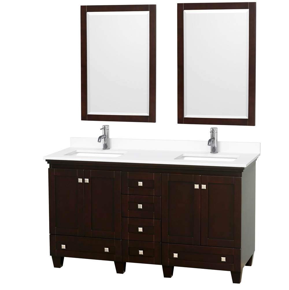 Wyndham Collection - Acclaim 60 Inch Double Bathroom Vanity in Espresso, White Cultured Marble Countertop, Undermount Square Sinks, 24 Inch Mirrors