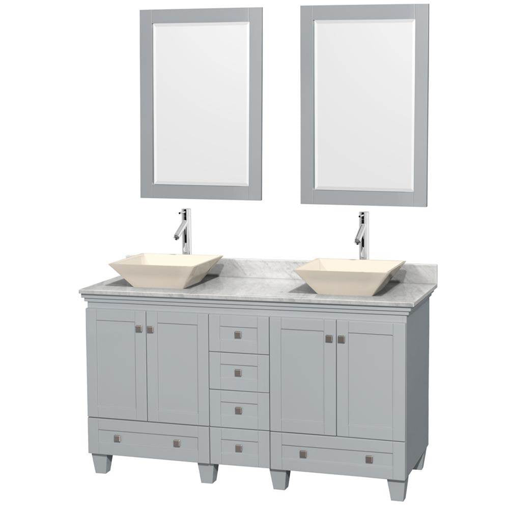 Wyndham Collection - Acclaim 60 Inch Double Bathroom Vanity in Oyster Gray, White Carrara Marble Countertop, Pyra Bone Porcelain Sinks, and 24 Inch Mirrors - Oyster Gray