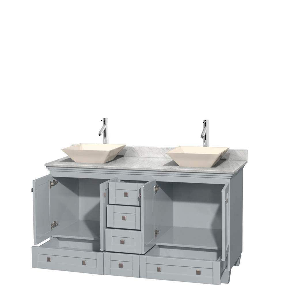 Acclaim 60 Inch Double Bathroom Vanity in Espresso, White Carrara Marble Countertop, Pyra Bone Sinks, and No Mirrors
