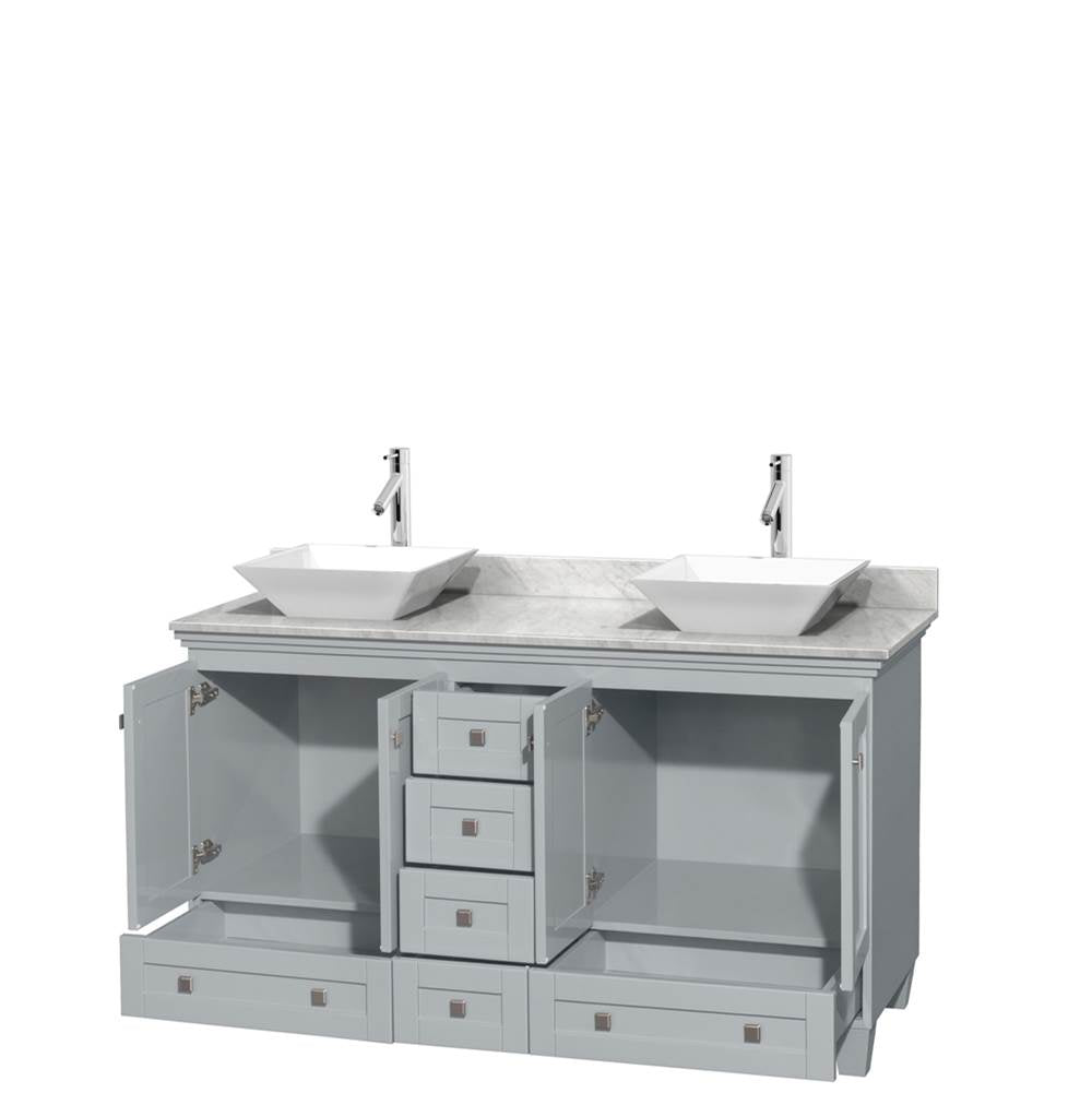 Acclaim 60 Inch Double Bathroom Vanity in Espresso, White Carrara Marble Countertop, Pyra White Sinks, and No Mirrors