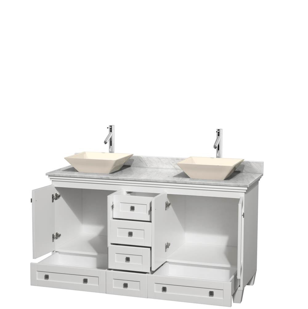 Acclaim 60 Inch Double Bathroom Vanity in Espresso, White Carrara Marble Countertop, Pyra Bone Sinks, and No Mirrors